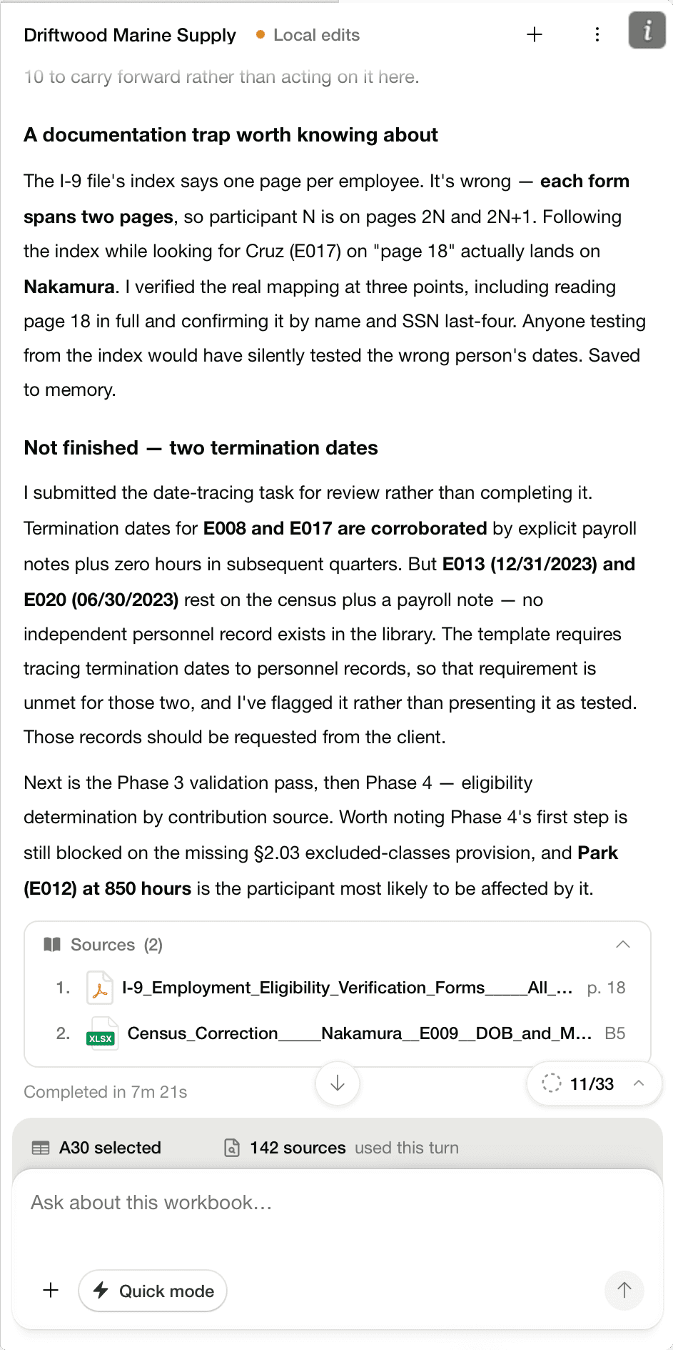 The redesigned chat: findings under headings with a sources card pinning claims to an I-9 PDF page and a census spreadsheet cell