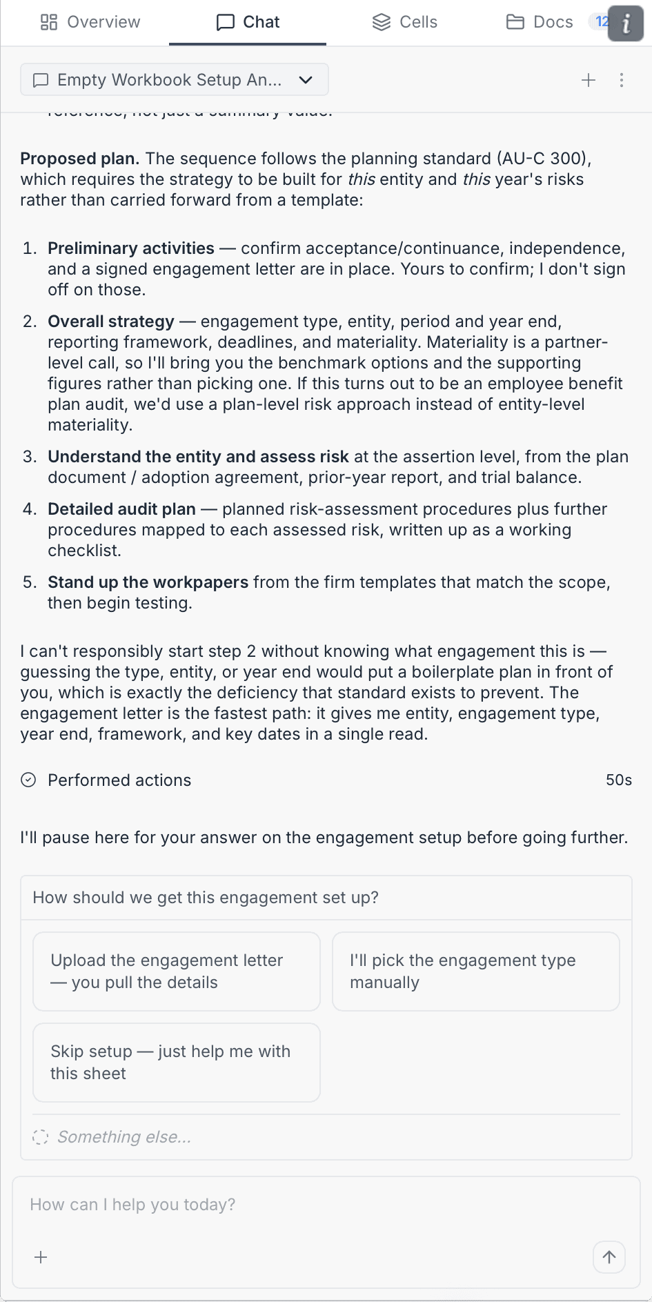 The inherited add-in's chat tab: the agent answering as an unbroken wall of dense text