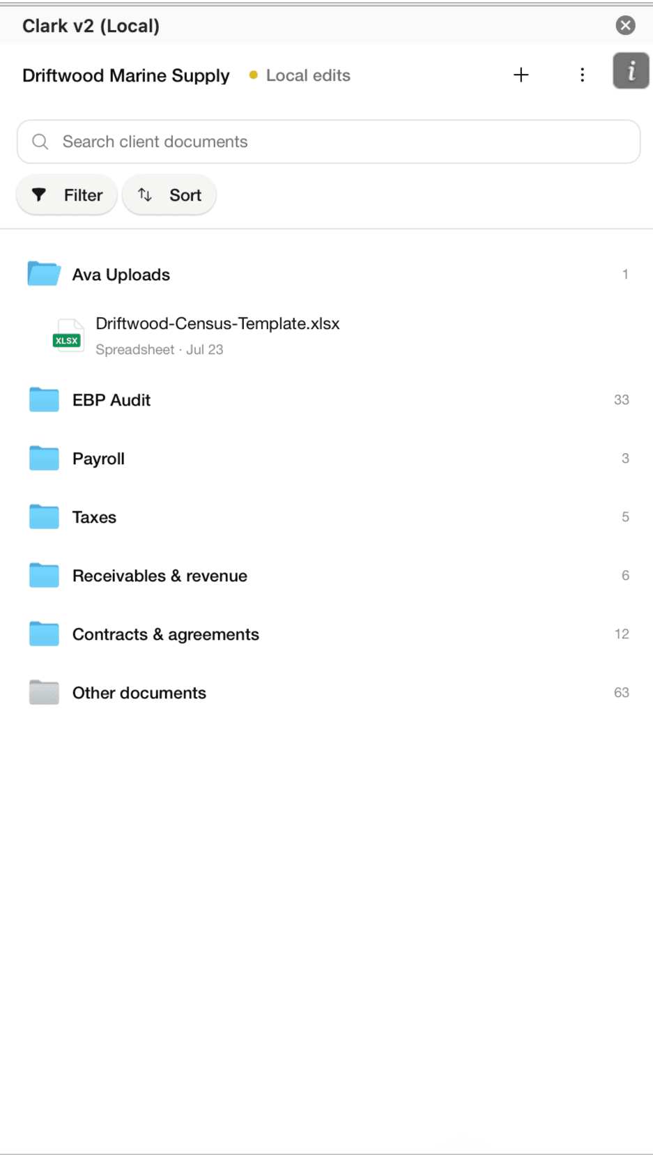 The redesigned client workspace: uploaded documents auto-sorted by the agent into folders for audit, payroll, taxes, and contracts, with search and sort