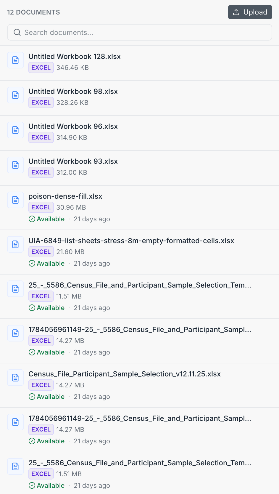 The old documents tab: twelve uploads in a flat list of raw filenames