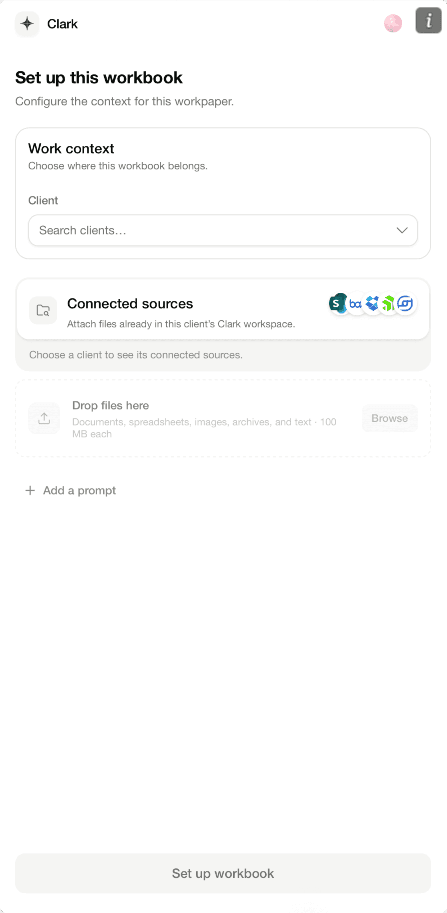 The redesigned setup: pick a client, attach connected sources like SharePoint, Box, and Dropbox, drop in files, and set up the workbook