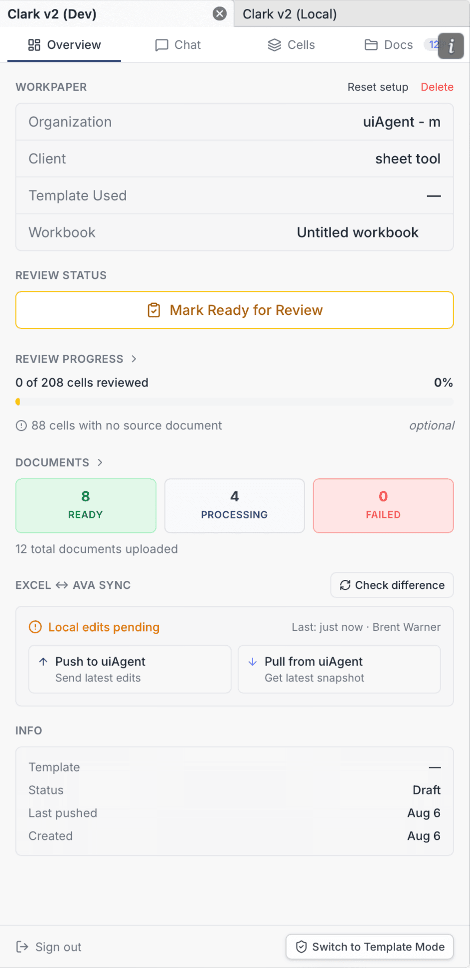 The inherited add-in's overview tab: workpaper metadata, review counters, document counts, and sync controls stacked in one dense pane