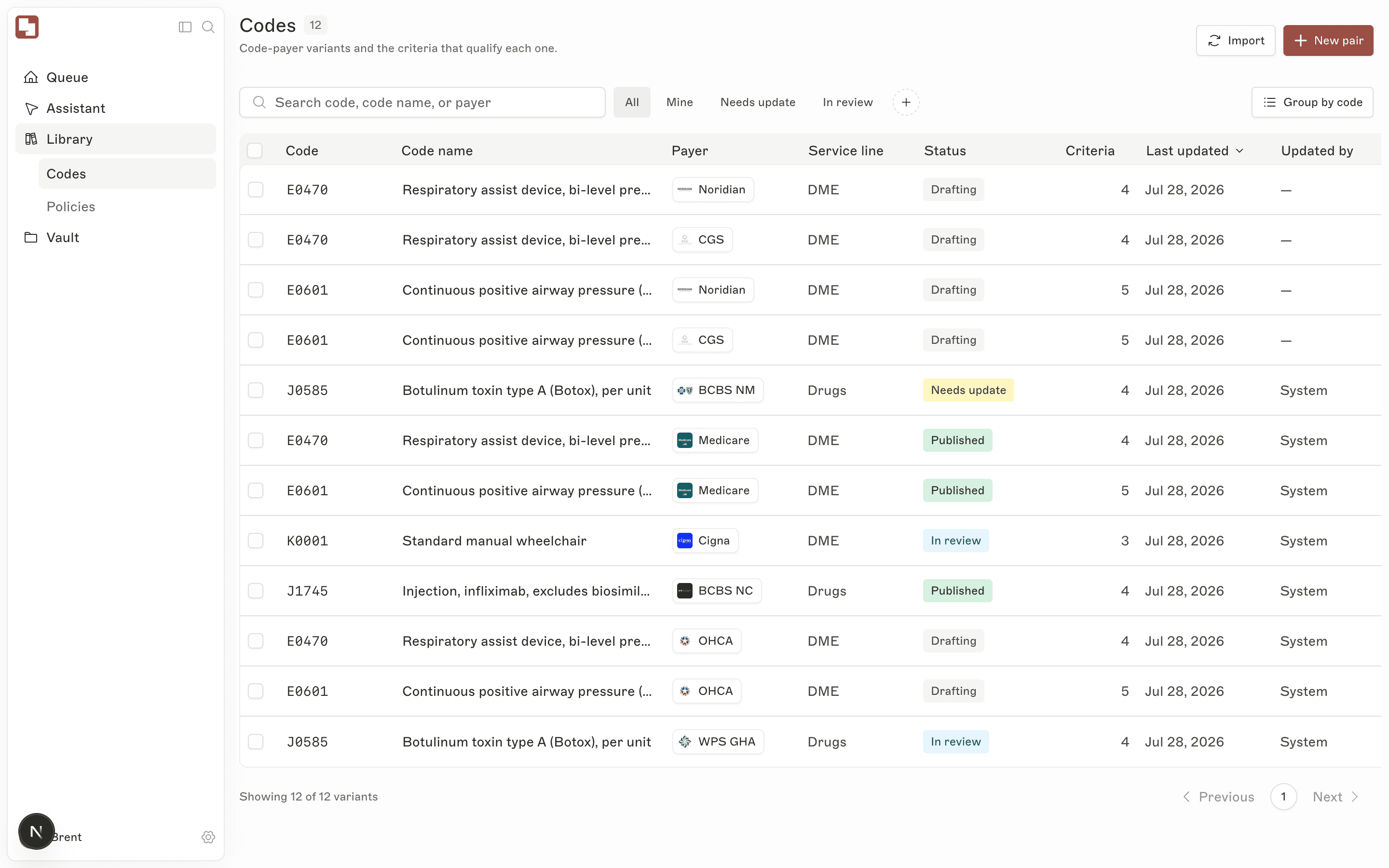 Criteria Center library: every code–payer pair as one row with status, criteria count, owner, and last update