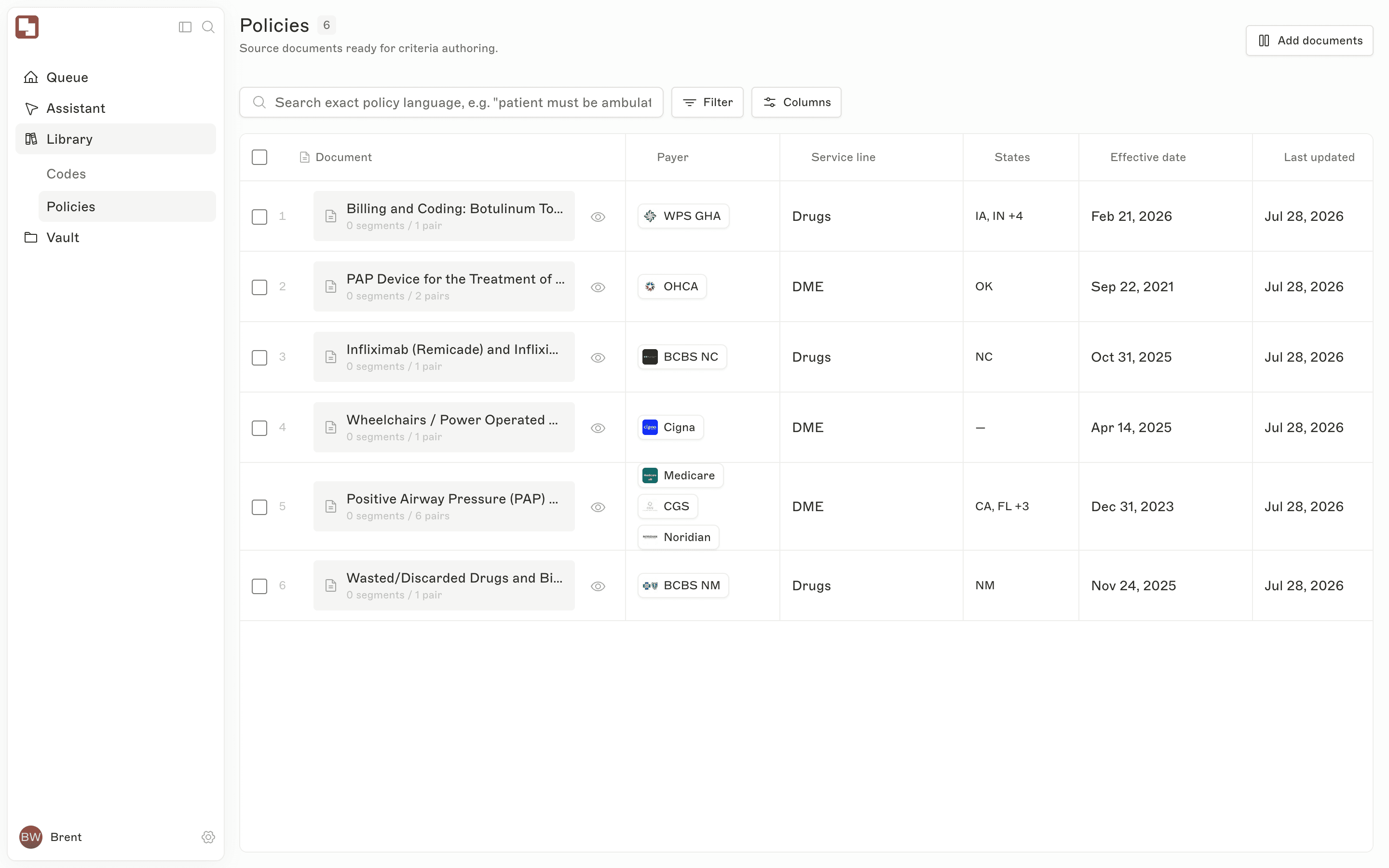 The policy library: one row per source document with payer, service line, states, effective date, and dependents
