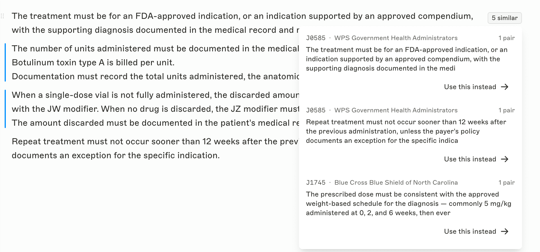 Similar criteria surfacing beside a draft, each match carrying its code–payer pair and a one-click reuse action