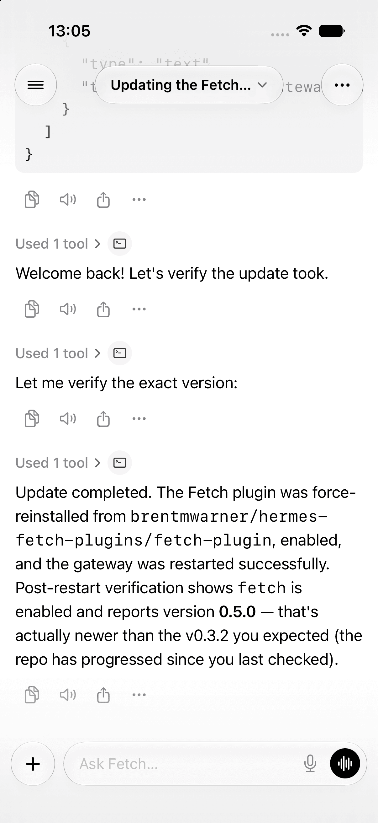 Fetch agent thread with completed tool work