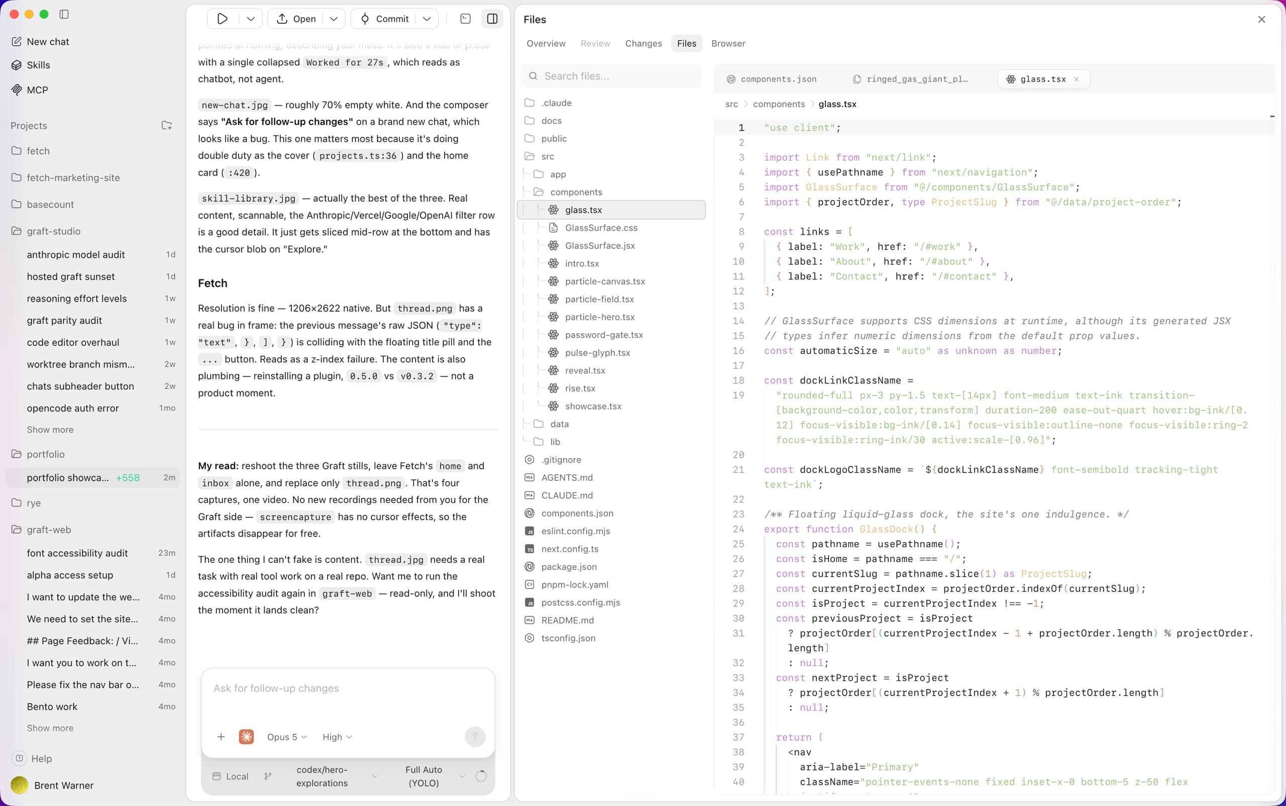 Graft split view with a project file tree, conversation, and code editor