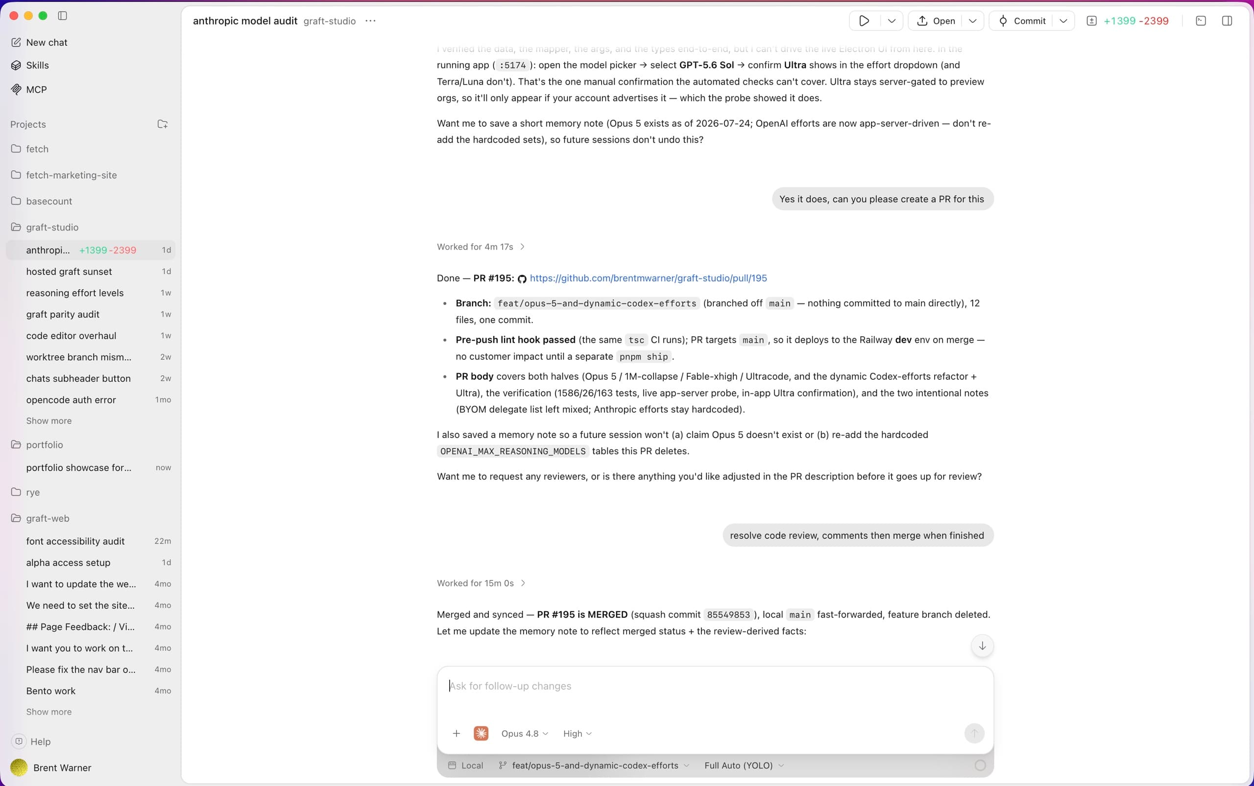 A completed agent conversation in Graft