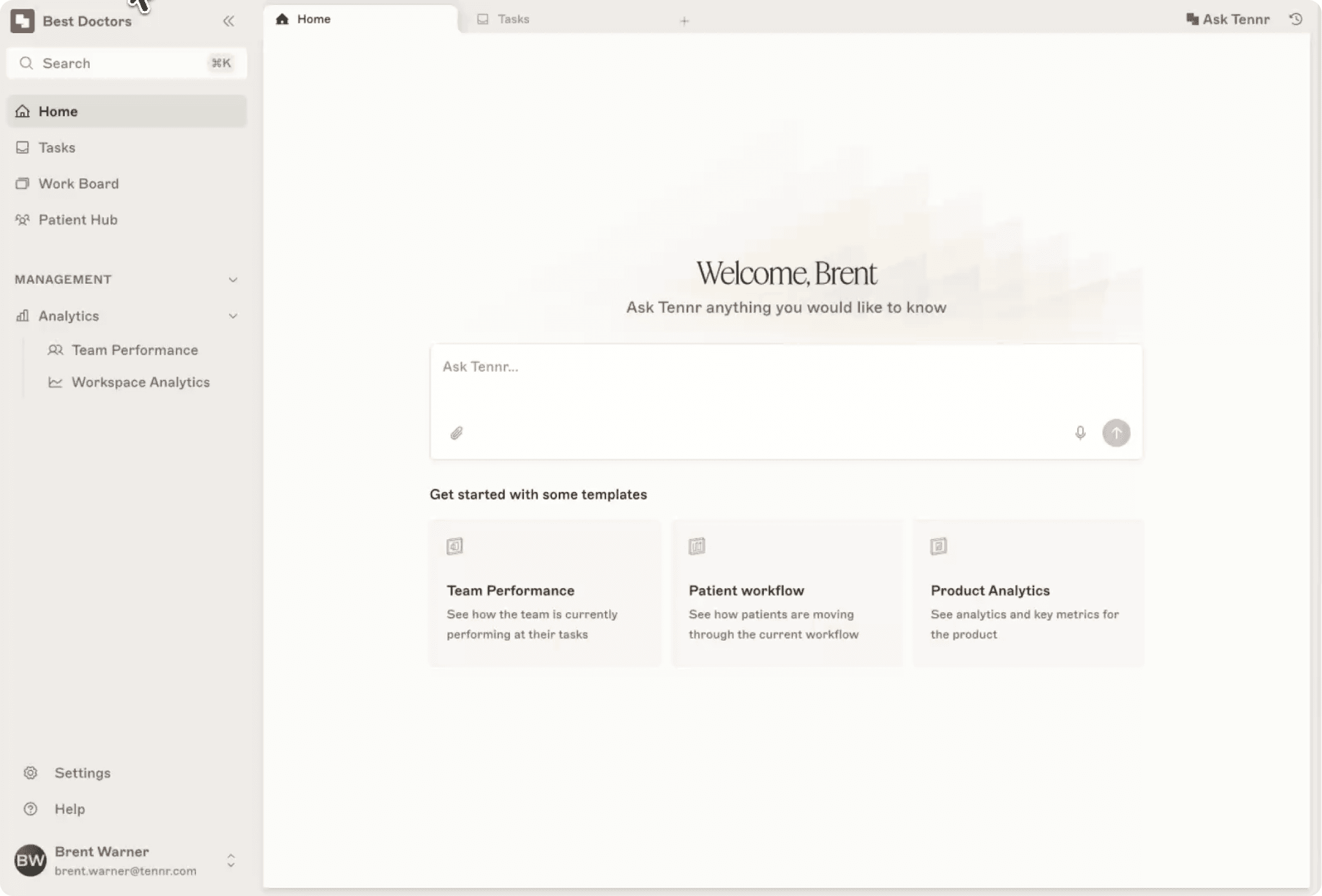 The workspace home: a welcome screen with an Ask Tennr prompt and starting templates