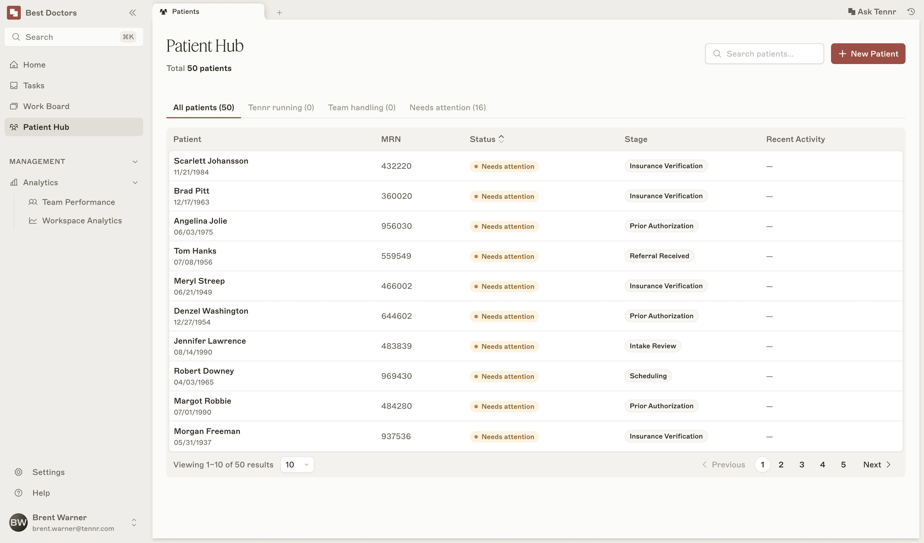 Patient Hub: fifty patients in one list with status, stage, and recent activity
