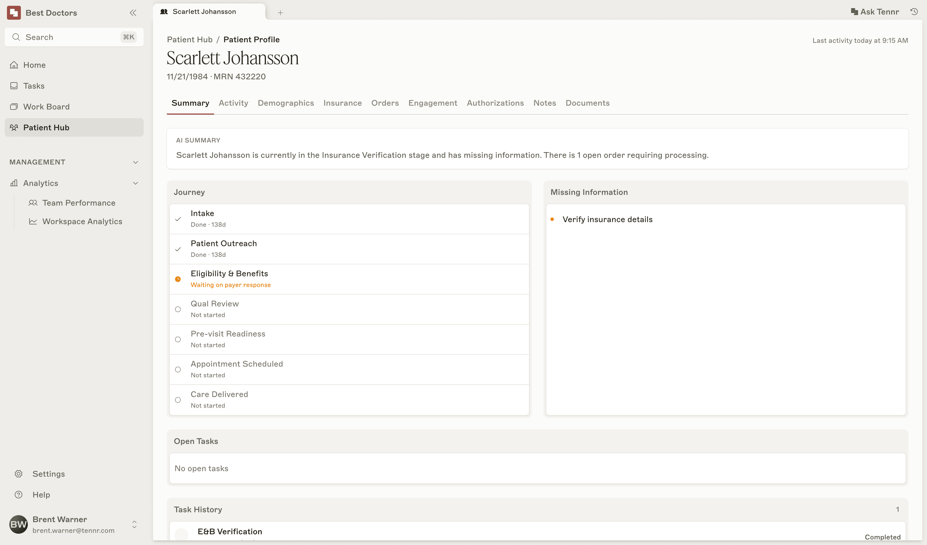 A patient record showing the care journey stage by stage, missing information, and open tasks